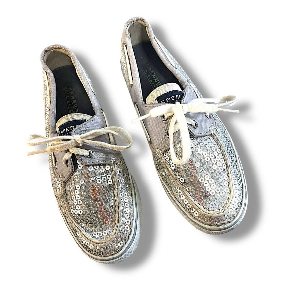 SPERRY TOP SIDERS Silver Sequin and Ivory or beige SZ 7.5